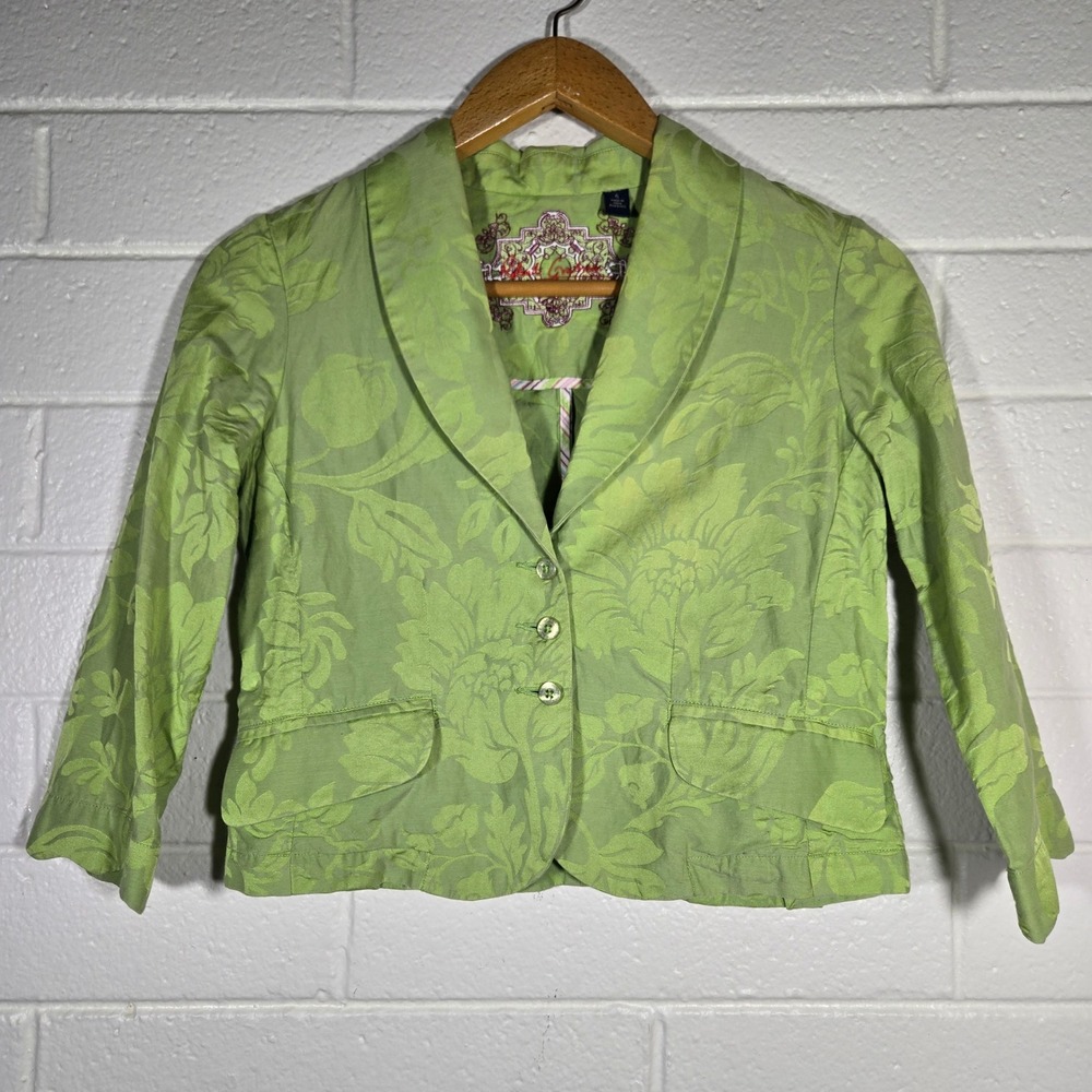 Robert Graham Blazer 6 Green Silk Blend Floral‎ Jacquard Cropped Jacket Twee